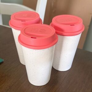 Eco-Friendly White Travel Mugs with Pink Lids